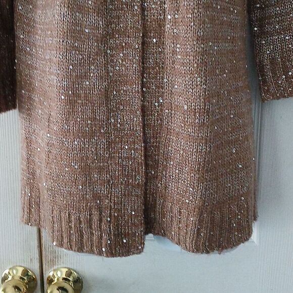NY Collection Tan open front cardigan with silver sequins casual Sz PL NWOT - Picture 2 of 5